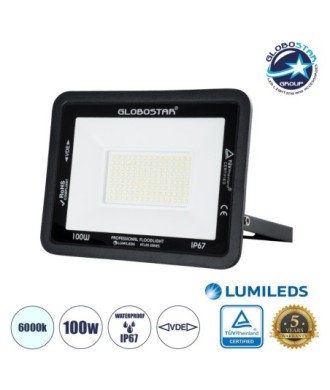 GLOBOSTAR® ATLAS 61425 Προβολέας LED 100W 12500lm 120° AC 220-240V Αδιάβροχο IP67 Ψυχρό Λευκό 6000K - Lumileds SMD Chip - TÜV Rheinland Certified - Μαύρο Ματ - Μ27 x Π4 x Υ21cm - 5 Χρόνια Εγγύηση